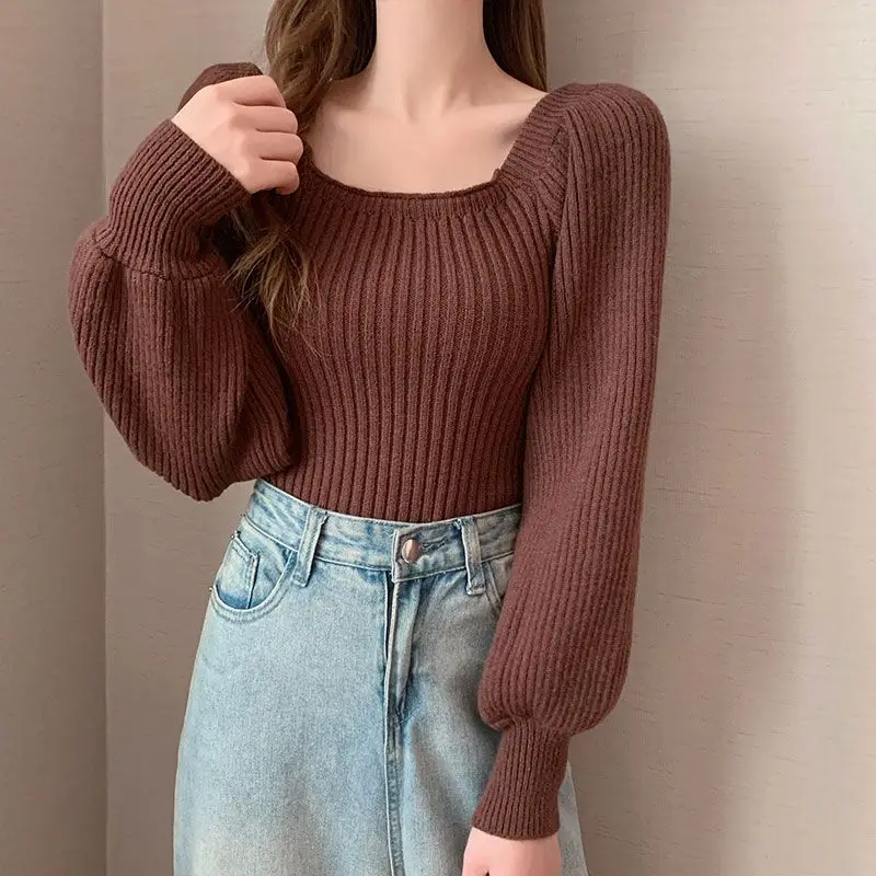 Square Collar Loose Lazy Outer Wear Sweater Women Autumn Winter Inner Long Sleeve Bottom Knit Sweater Tops Slim Loose