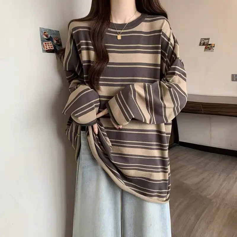 Long Sleeve Casual Femme T-Shirts Autumn Winter Striped Simplicity Undercoat Office Lady Tops Simplicity Women's Clothing 2023