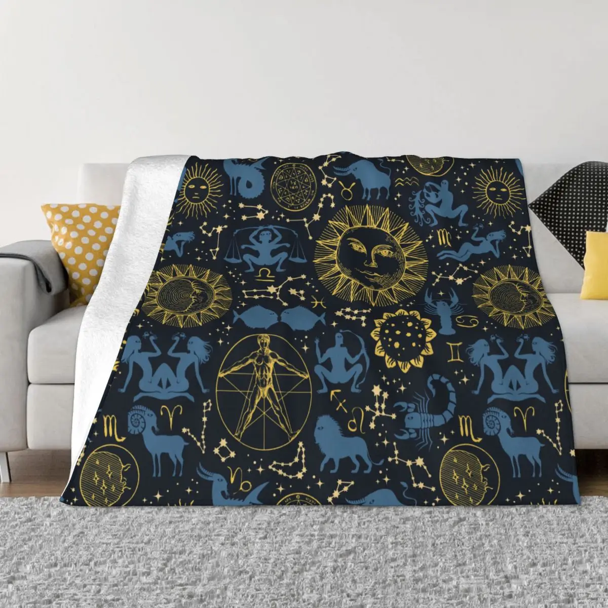 Zodiac Horoscope Signs Fleece Throw Blanket Sun Moon Stars Vitruvian Blankets for Home Office Warm Bedspread