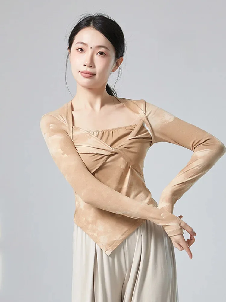 Tie Dye Slim Fit Ballet Dance Top for Women, Long Sleeve Square Neck Asymmetrical Shirt for Training and Artistic Performances