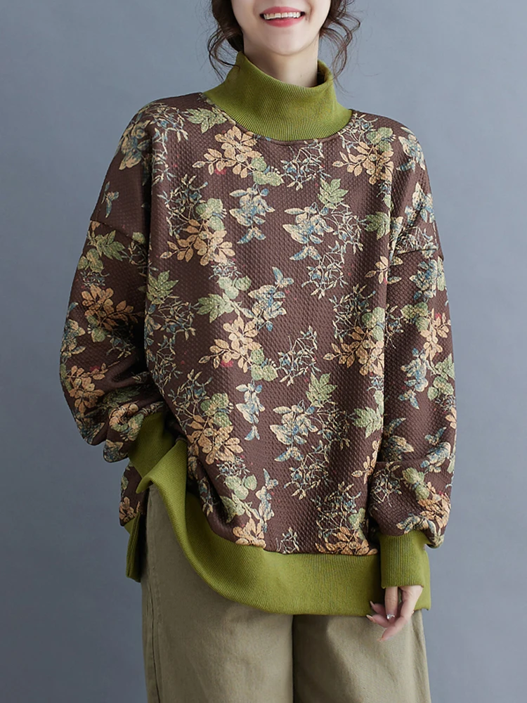 

2025 New Women Clothing Vintage Literary Age-reduced Floral Print Short Windbreakers Plus Velvet Thick Warm Pullover Tops