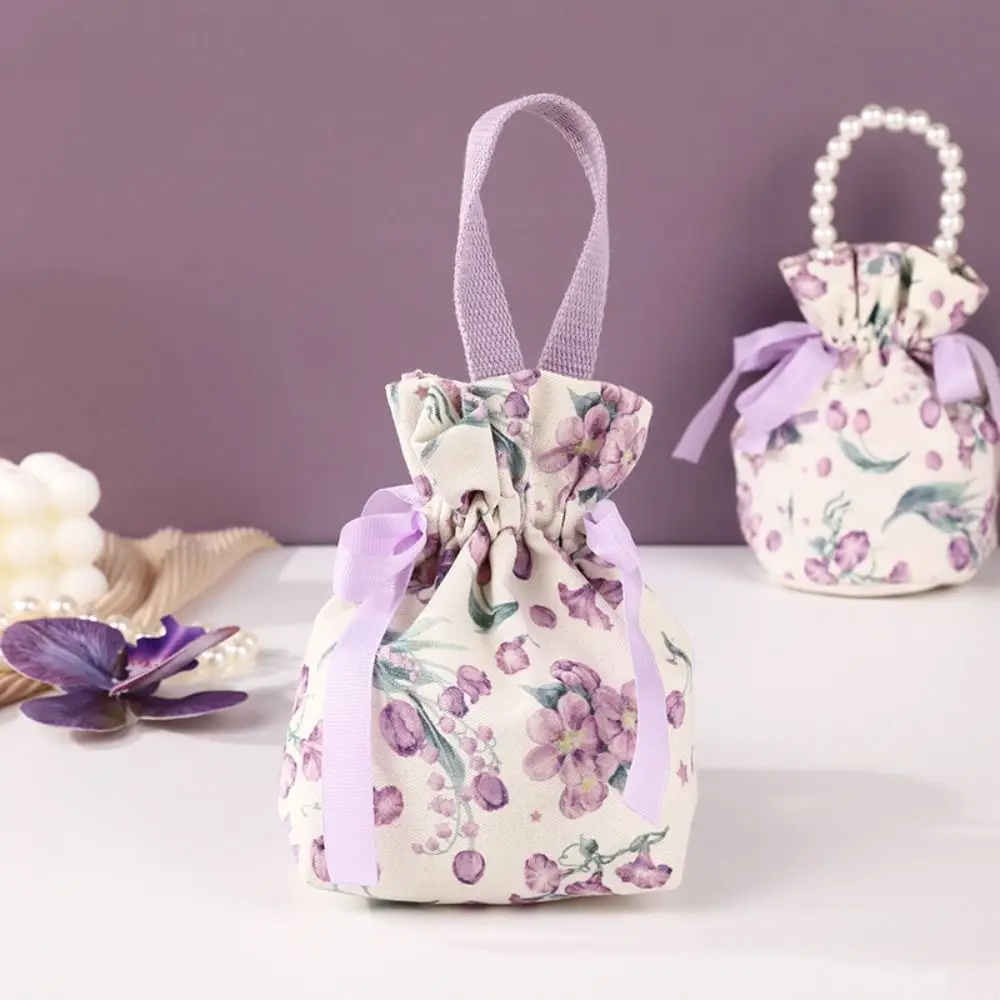 Korean Canvas Festive Drawstring Ribbon Bowknot Sugar Bag Flower Letter Wedding Handbag Large Capacity Jewerly Packing Bag