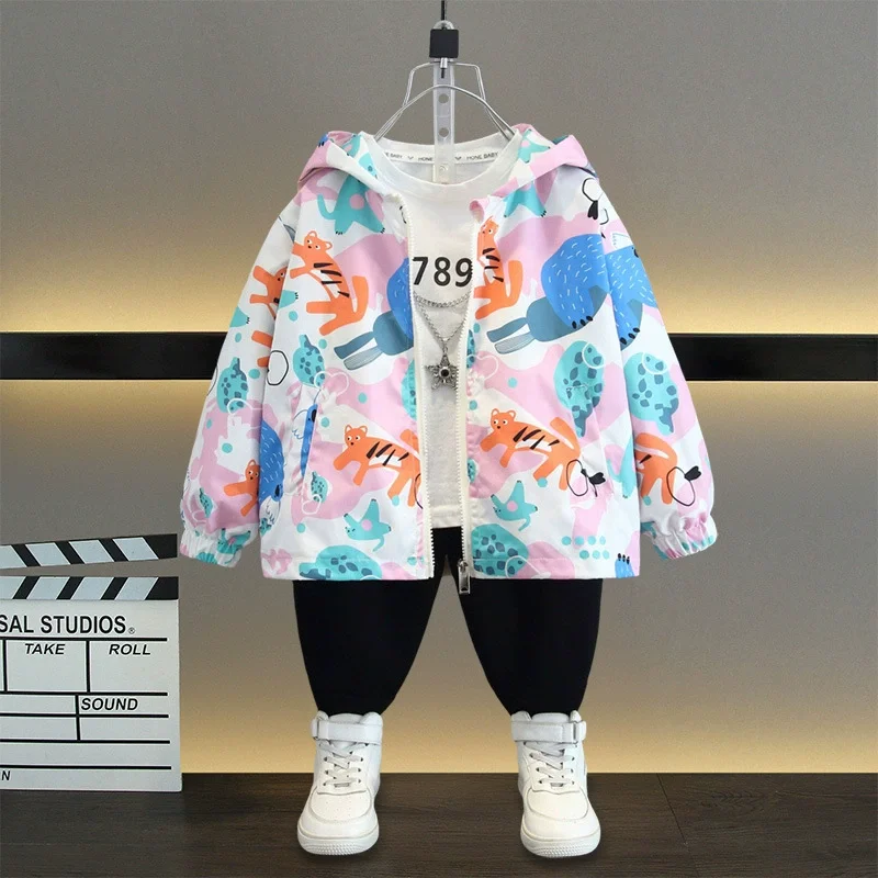 

2025 Spring Baby Girls Jacket, Cartoon Sloth Print Little Princess Coat Hooded Zipper Boys Windbreaker Kids Clothes,1 to 6Years