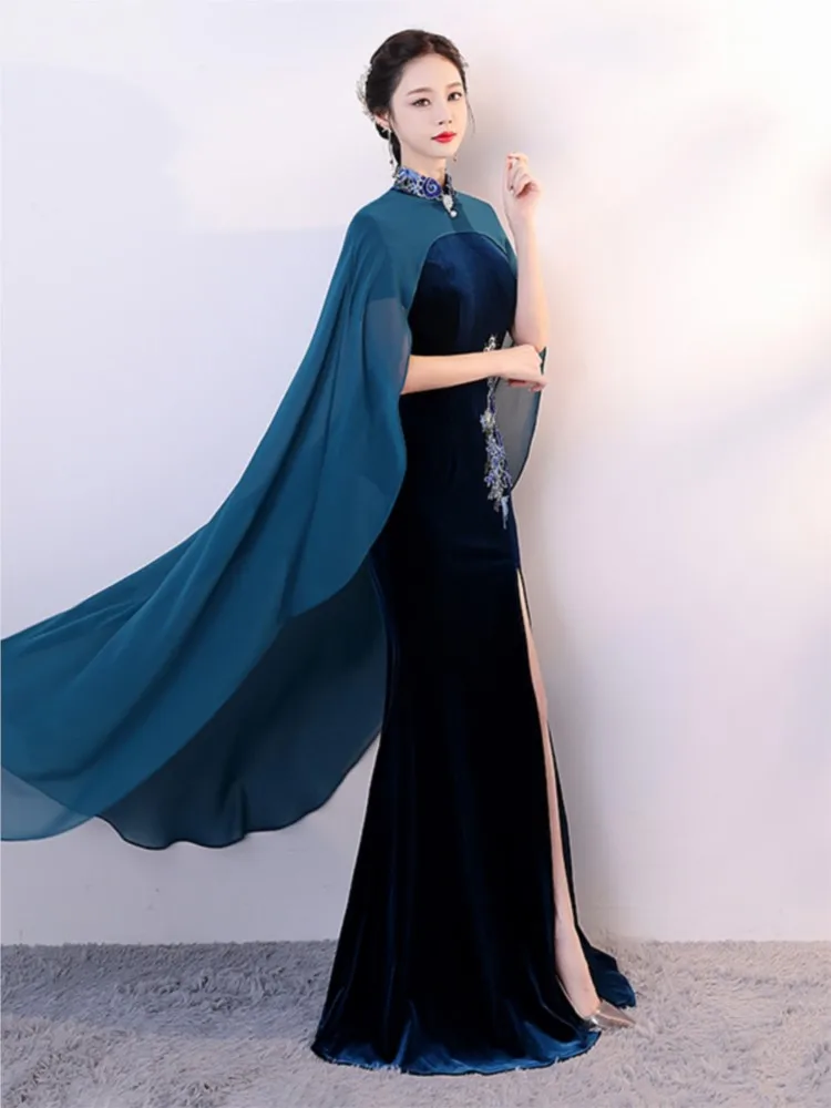 

Velvet fashion show cheongsam performance New long Chinese-style improved fishtail dress