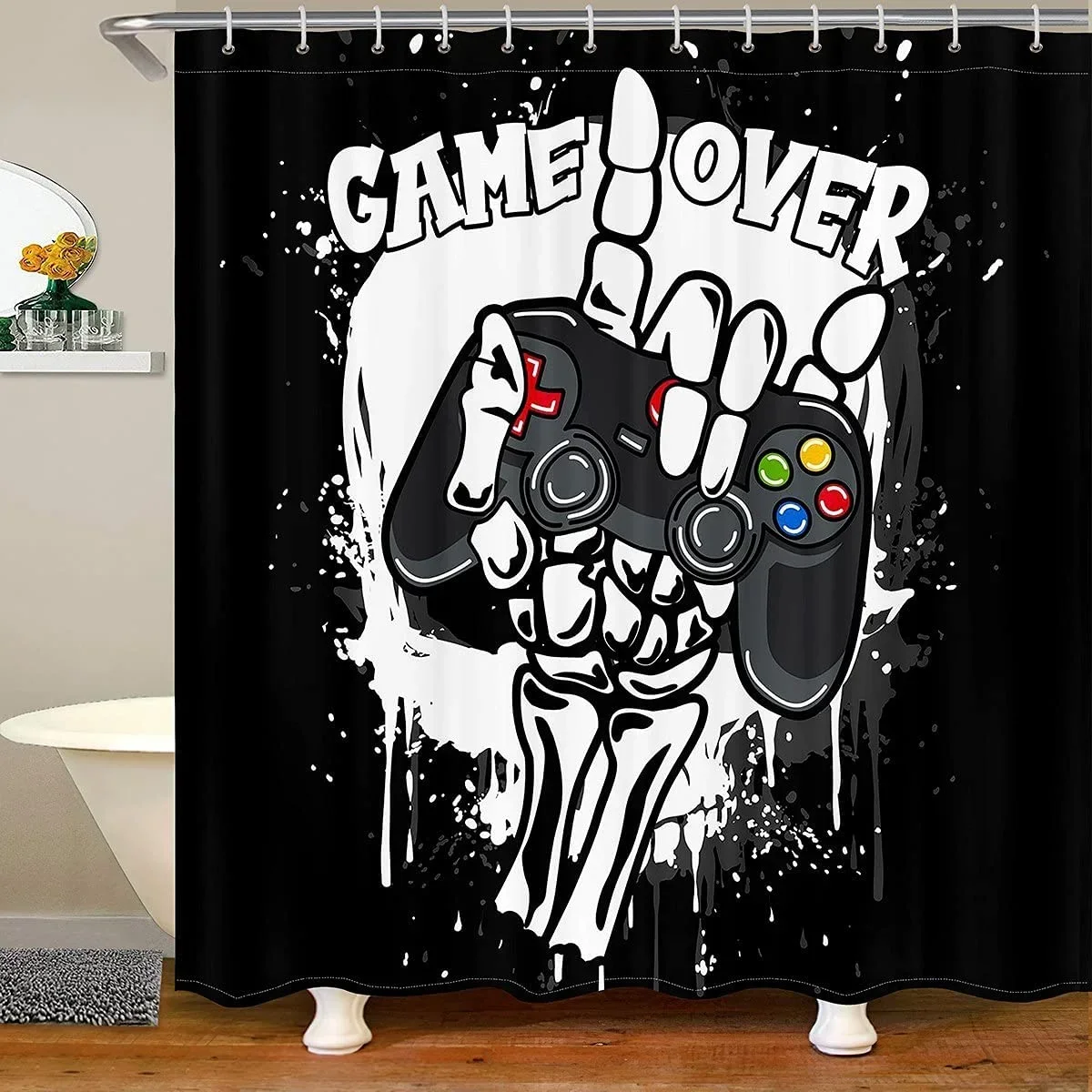Game Controller Illustration Shower Curtain Modern Teens Gamer Bathroom Decoration Waterproof Polyester Fabric Bathtub Screen