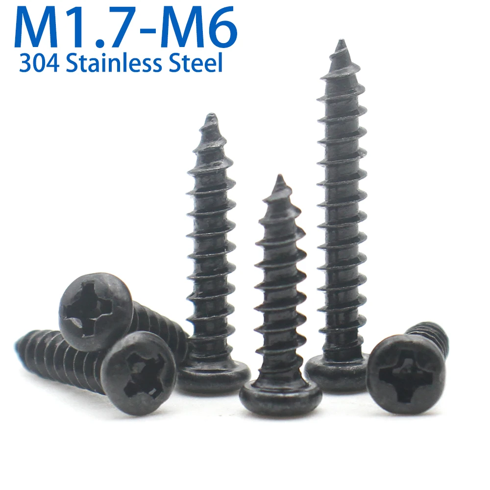 schwarze selbstschneidende Kreuzschlitzschraube M1,7-M6, Edelstahl 304