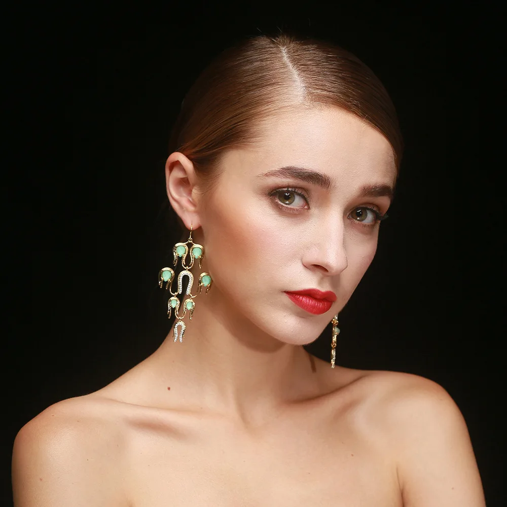 Vintage Natural Stone Dangle Earrings for Women Antique Gold CZ Statement Drop Earrings Retro Jewelry