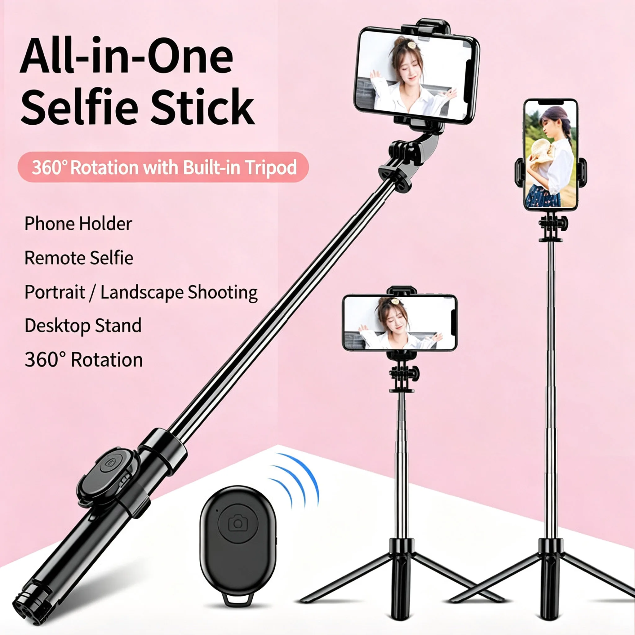 Portable Bluetooth Selfie Stick Tripod 360 Rotation Extendable Phone Stand Wireless Remote for Selfie Live Vlog Shooting