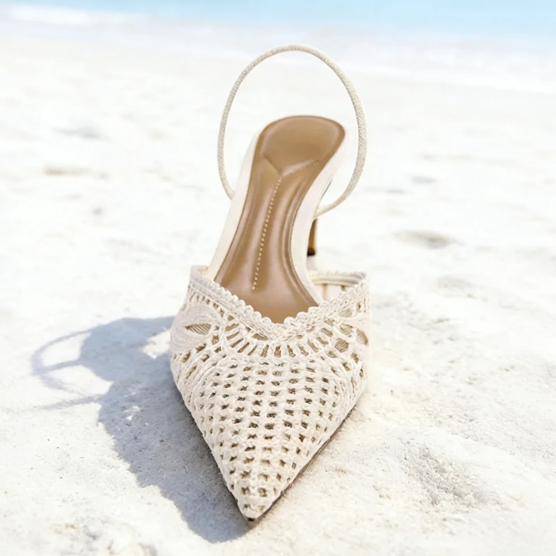 

Summer Hollow Mesh Woven Heeled Sandals Women Sexy Pointed-Toe Stiletto Slingback Heels Luxury Brand Designer Shoes Wedding Shoe