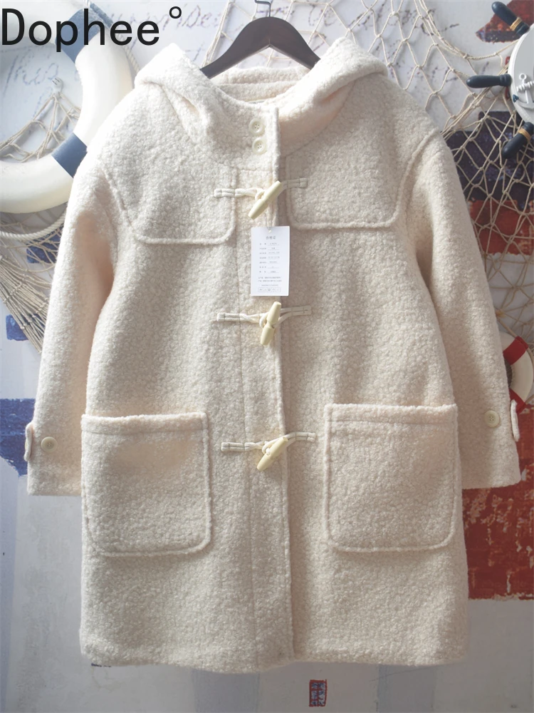 

Japanese Autumn Winter Solid Color Woolen Jacket Thicken Quilted Hooded Overcoat Mid-long Long Sleeve Horn Buckle Women Coats