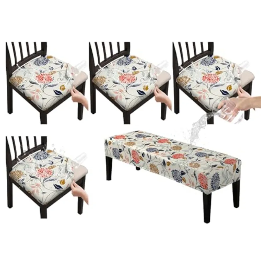 

Waterproof Seat Covers for Dining Room Chairs Set of 4 with Bench Cover Washable Dining Chair Covers Removable Kitchen Chair Cu