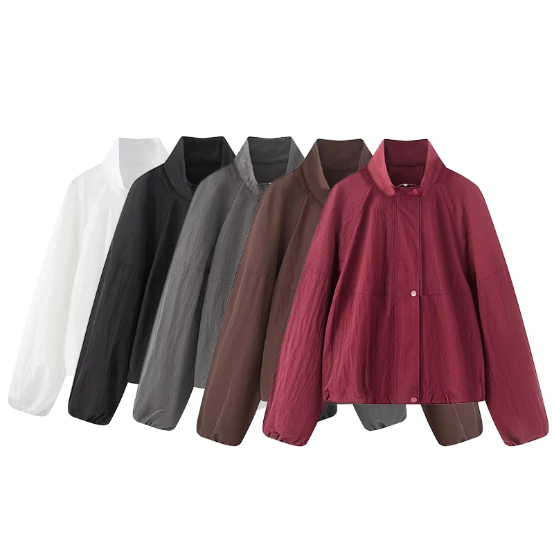 Willshela Women Fashion Solid Pleated Front Zipper Jackets Vintage O-Neck Long Sleeves Female Chic Lady Outfits
