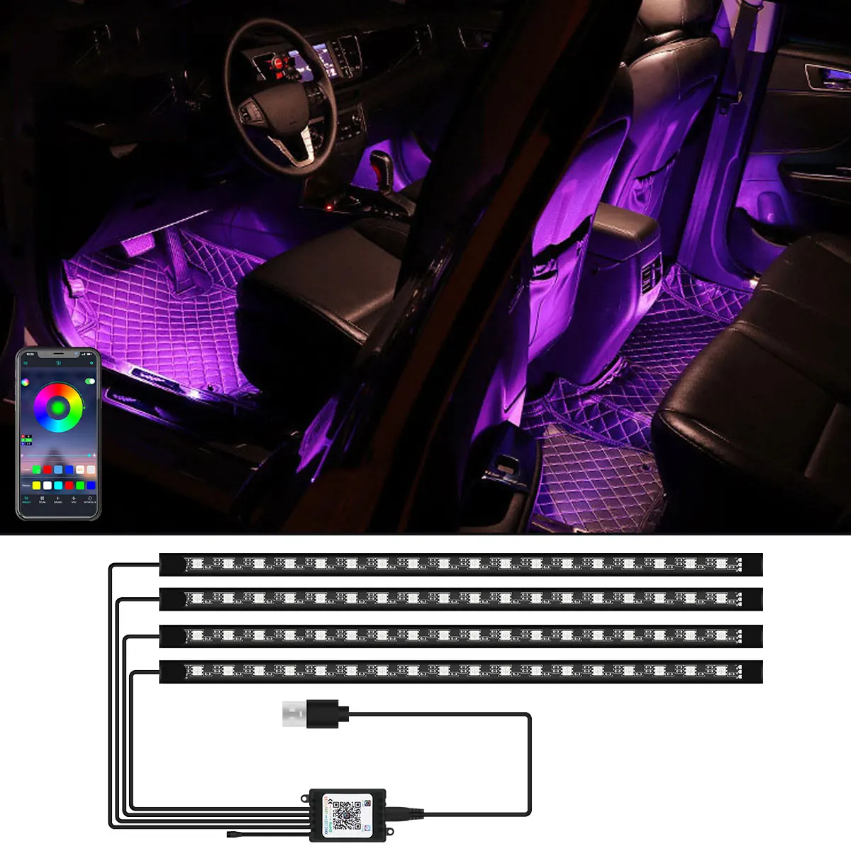 4 in 1 Interior ambient lighting Rgb Car Footwell Decorative light strip APP Voice control Interior lights Led Atmosphere lamp