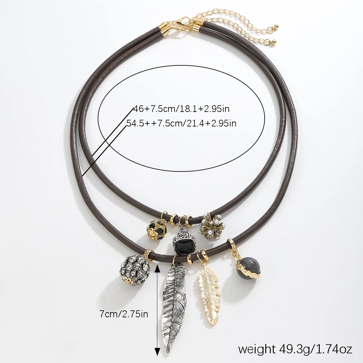 2 Pack of Cord Charm Necklaces Metal Geometric Feather Pendant Necklace Women Vintage Textured Ethnic Accessory Party Gift