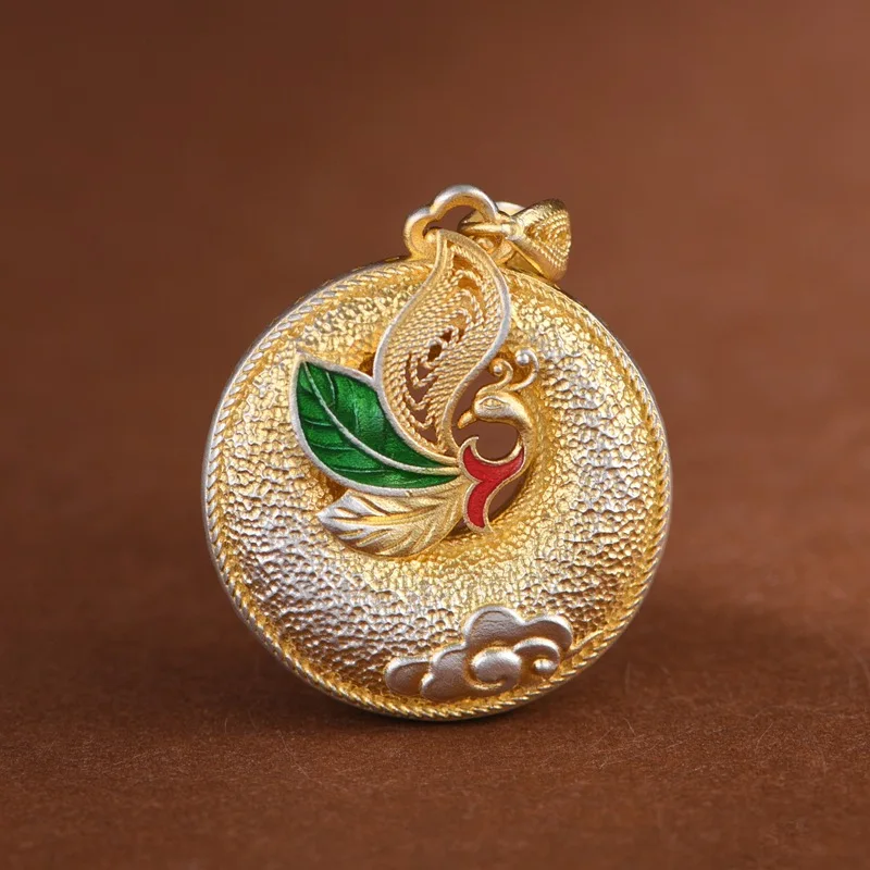 BOCAI S999 Silver Artistic And Fashionable Auspicious Cloud Hammer Pattern Lucky Character Gold Stroke Phoenix Women's Pendant