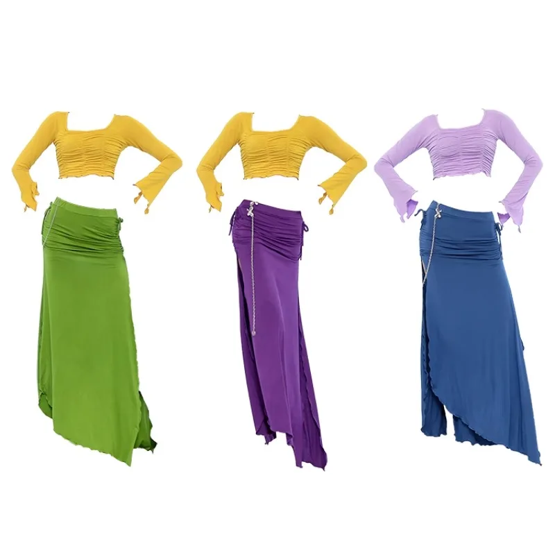 Costumi di danza del ventre personalizzati 2025 Nuovo set Abbigliamento da pratica modale a maniche lunghe Gonna lunga sexy a doppia fessura per adulti di sesso femminile