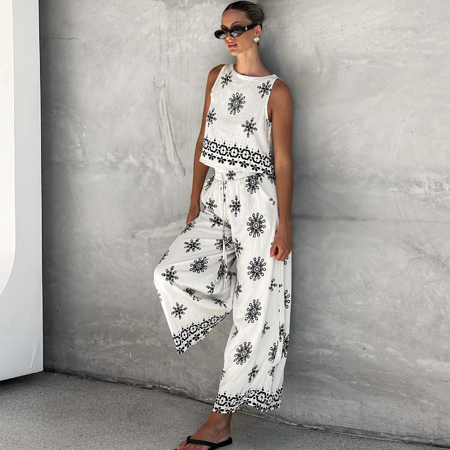 

Women White Floral Print Spring Summer Linen Vest Wide Leg Pants Suits