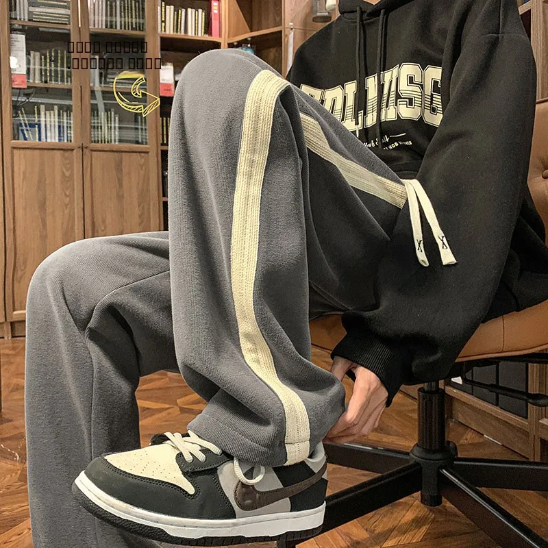 

Мужские зимние утепленные спортивные брюки с флисовой подкладкой, американские ретро-брюки в полоску, повседневные свободные прямые брюки с широкими штанинами