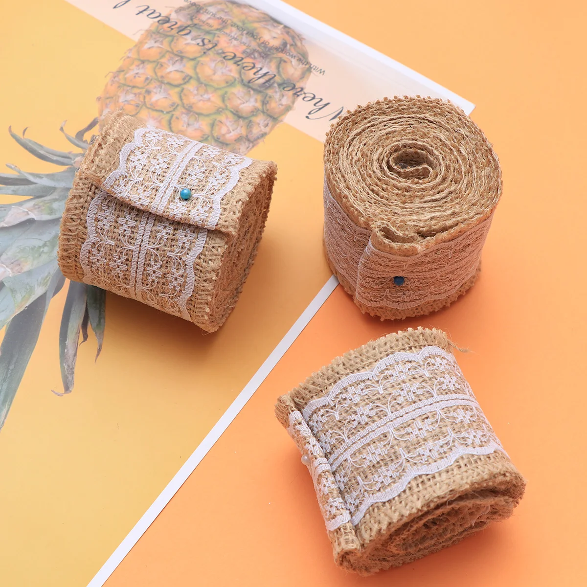 

Retro Wedding Burlap Ribbon 3 Rolls Jute DIY Craft Party Ribbon Lace Decor Eco Material Non Toxic Shallow Brown Color