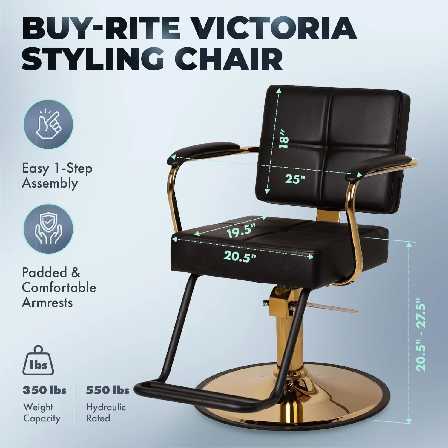 Buy-Rite Victoria Styling Chair para salones profesionales y barberos, estructura dorada, vinilo premium liso totalmente negro con detalles