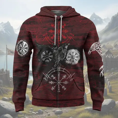 Viking Zip up Hoodie, Norse Mythology, Odin's Raven Vegvisir Awe Helm Graphic, Red Black Grunge Style Sweatshirt, Men Women