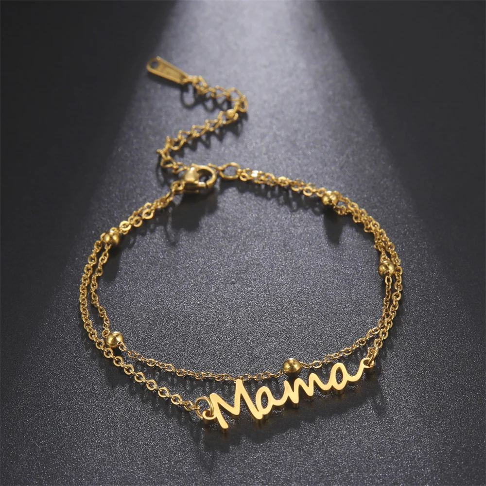 Lemegeton Stainless Steel Mama Bracelet For Women Mom Nameplate Letter Charm Bracelet Multi-layer Bead Chain Jewelry Mom Gifts