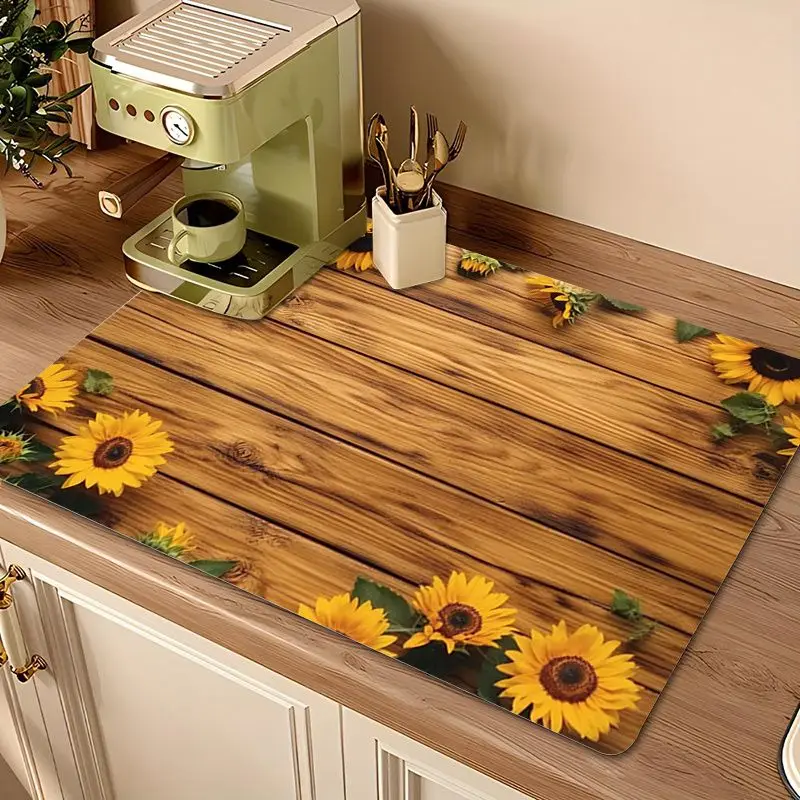 VIKAMA Rustic Sunflower Wooden Board Printed Drying Pad Non Slip Coffee Bar Drain Tableware Mat Kitchen Accessories