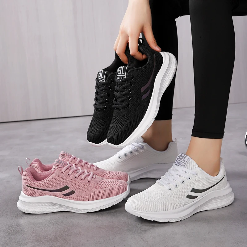 

Ladies Fitness Versatile Design Jogging Shoes Mesh Breathable Running Shoes Women's Flying Weaving Lightweight Casual Sneakers