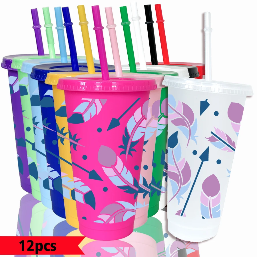 12pcs-set-feather-arrow-pattern-26oz-colored-plastic-party-cold-cup-back-to-school-birthday-gift-gameday-drinkware