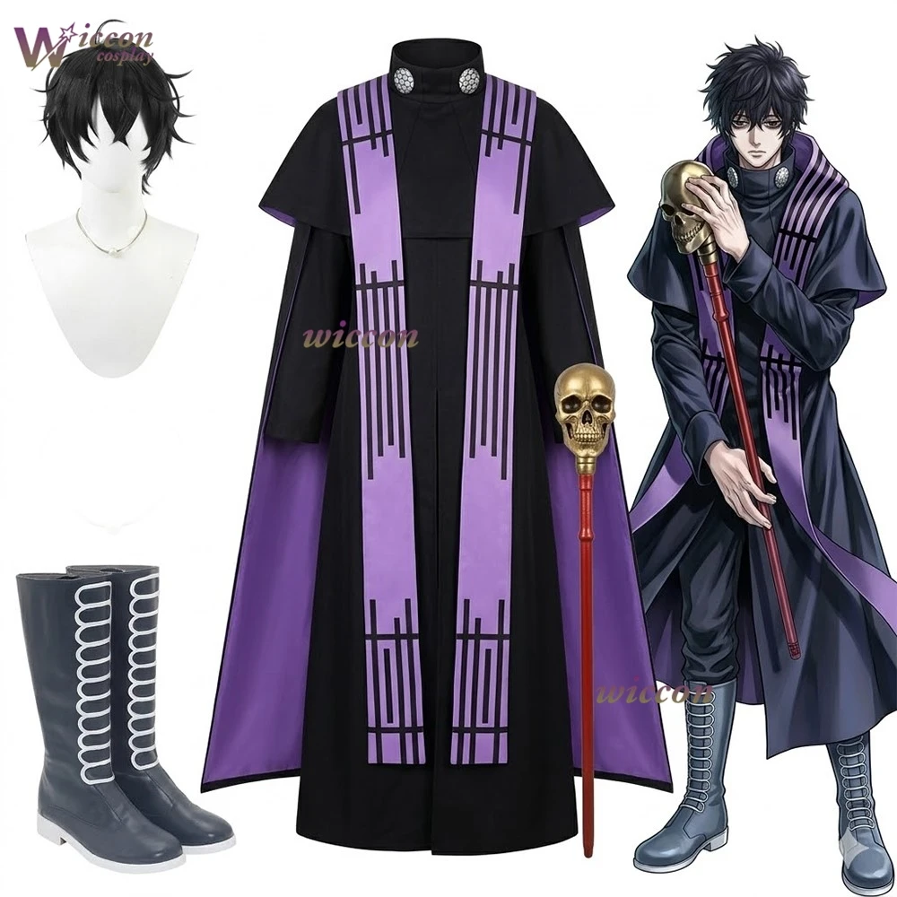 Disfraz de Beelzebub de Record of Ragnarok, conjunto de disfraz de cosplay con abrigo negro, bufanda morada y peluca para eventos de Halloween