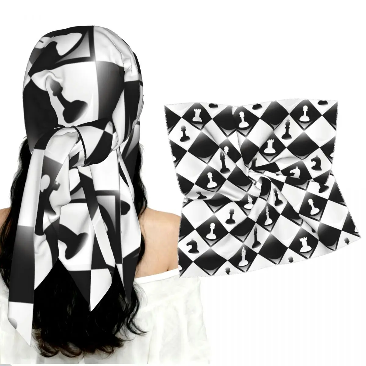 Smooth Faux Silk Square Scarf for Lady Chessboard With Chess Pieces Imitation Silk Neckerchief Head Wrap Bandana Accessories