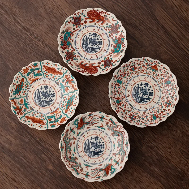 1Pc Ru Kiln Doucai Refreshment Plate Guofeng High Foot Fruit Plate Living Room Coffee Table Pastry Plate Snack Dried Fruit Tray