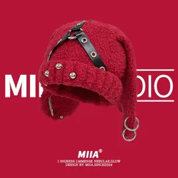 Vintage Punk Personalized Rivet Leather Buckle Design Plush Rabbit Ear Beanies Cap Y2K Winter Warm Versatile Pullover Hats Women