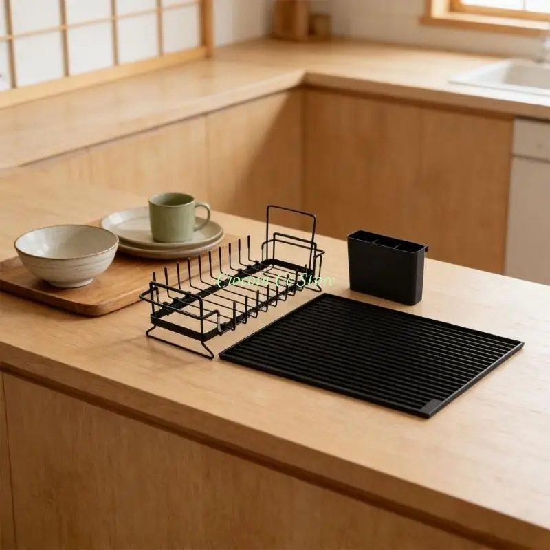 X90F Expandable Dish Drying Rack Over Sink with Silicone Mat and Cutlery Holders Set