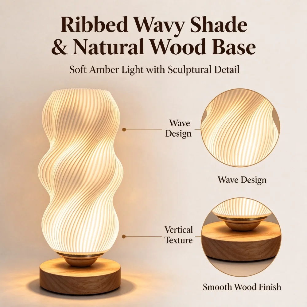 3D Printed Wave Texture Night Lamp Soft Adjustable Lighting with 3 Color Modes USB Powered Bedroom Decorative Lamp for Reading R