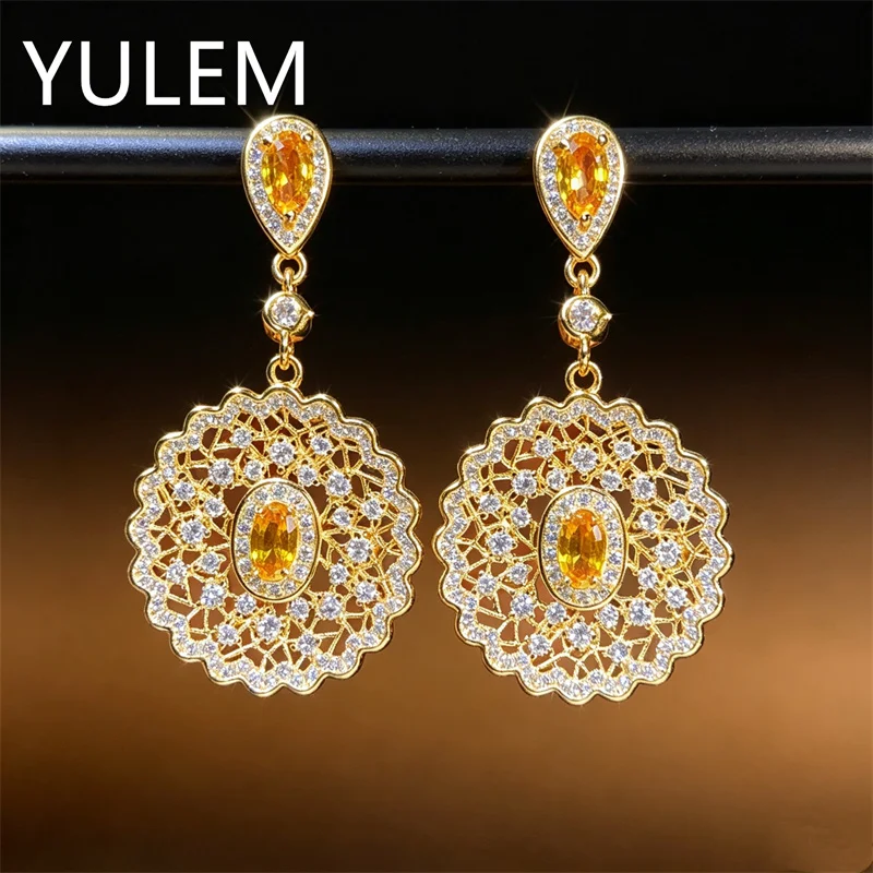 YULEM Vintage Filigree Hollow Dangle Earrings 925 Silver Gold Plated Natural Citrine Cubic Zirconia Women Luxury Drop Earrings