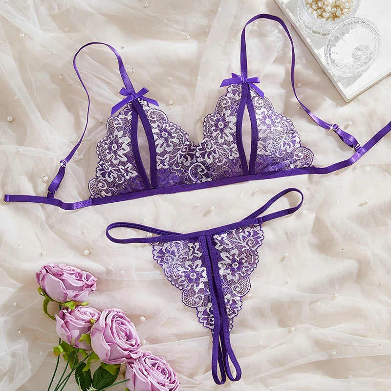 

Purple Hot Crotchless Transparent Hollow Out Bra Panty Set Sexy Lingerie For Women Open Bras Underwear Lace Suit Erotic Clothing