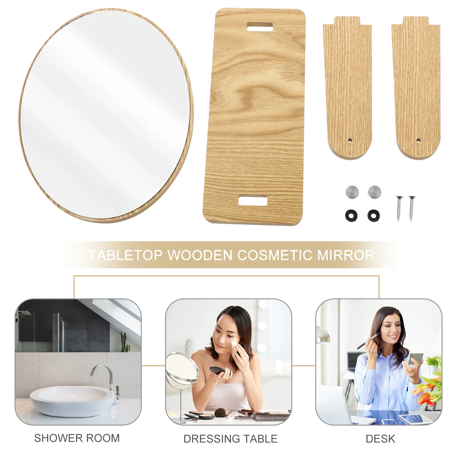 Wooden Swivel Tabletop Vanity For Bathroom Bedroom Dresser, Oval Desk Mirror For Women, Wood Makeup Mirror, Tabletop Wood