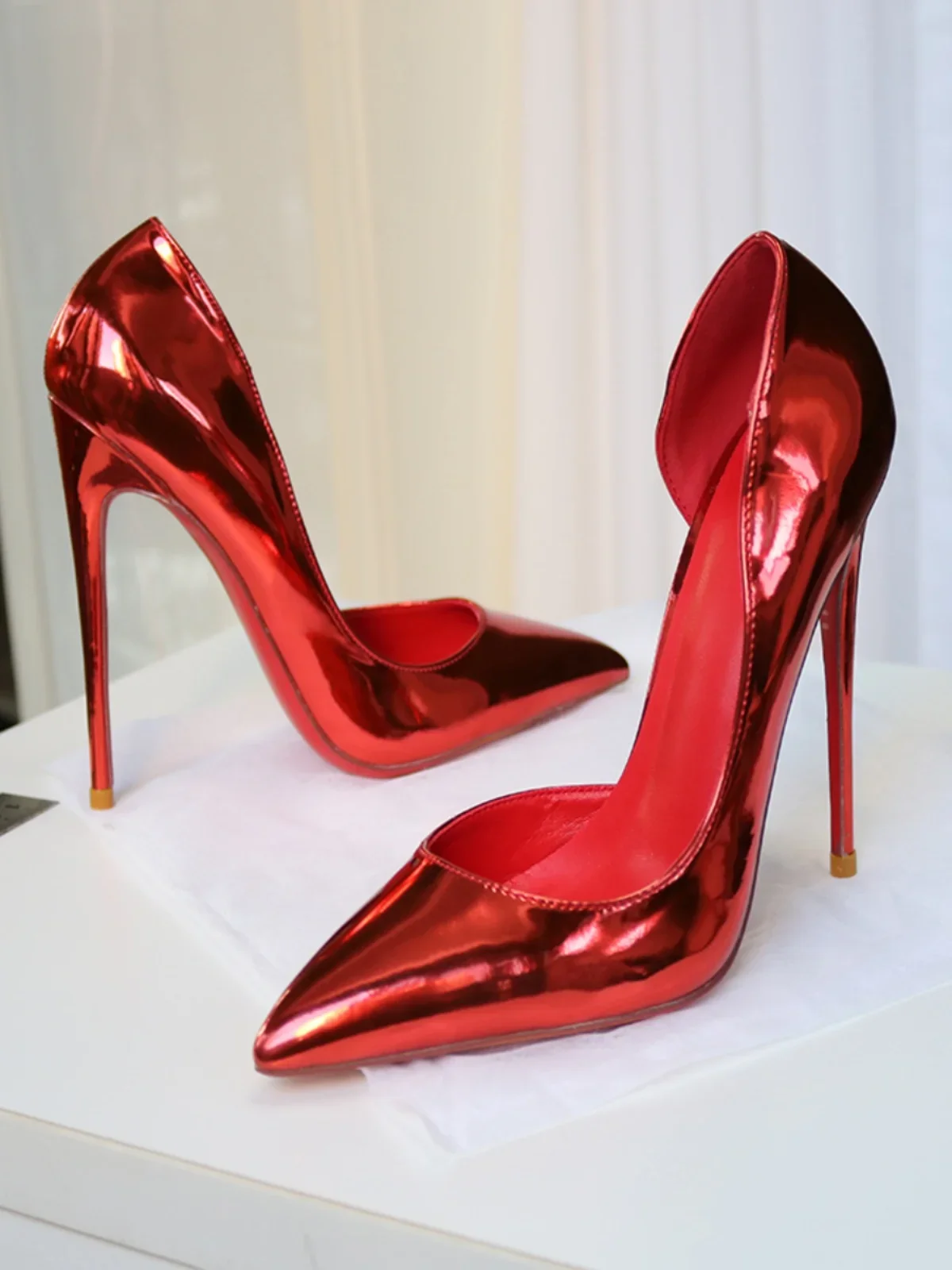 Red side empty laser high heels, size 33-46, super shallow mouth pointed, sexy French socialite 12CM