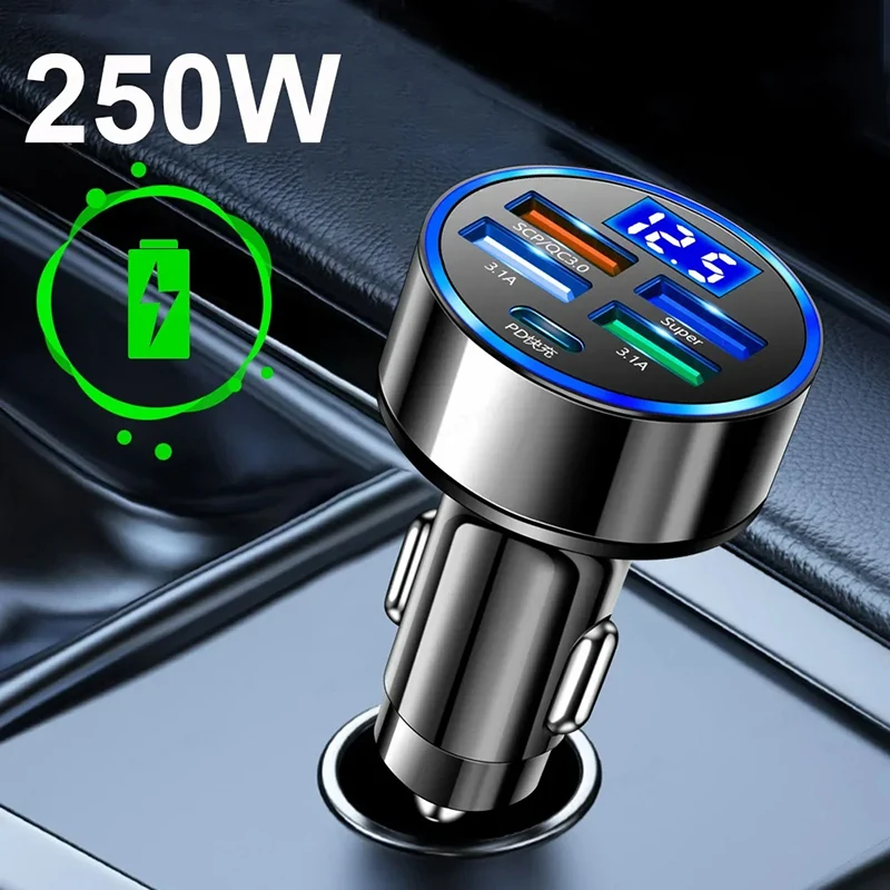 5 Ports Car Charger 250W Fast Charging Adapter 3.1A 4 USB+PD Type C Car USB Charger With LED Phone Charger For iPhone 14 Samsung