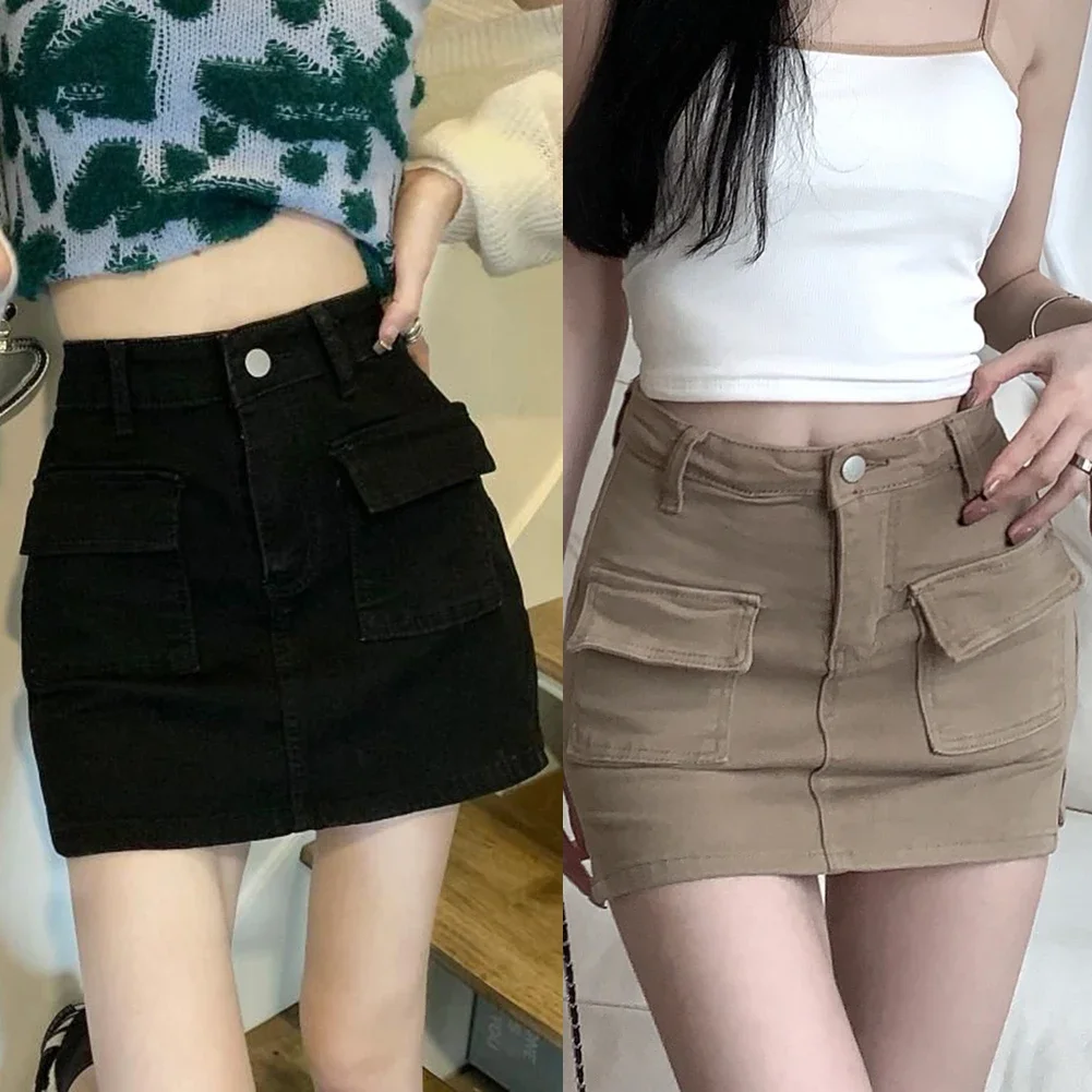 Y2k saias de carga de cintura alta moda feminina coreano chique-com cinto curto culotte saias femininas bolso streetwear jean mini saias