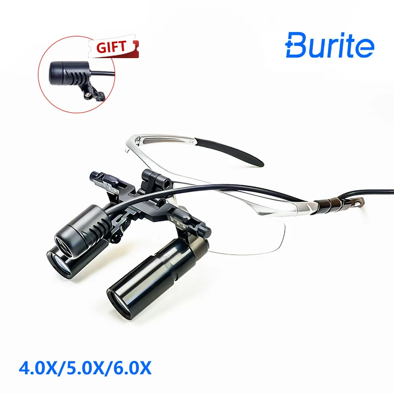 Burite 4.0/5.0/6.0X  flip-up loupes 420mm Dental kepler Loupe Binocular Magnifier Surgery Operation with Spotlight Head Light 5W