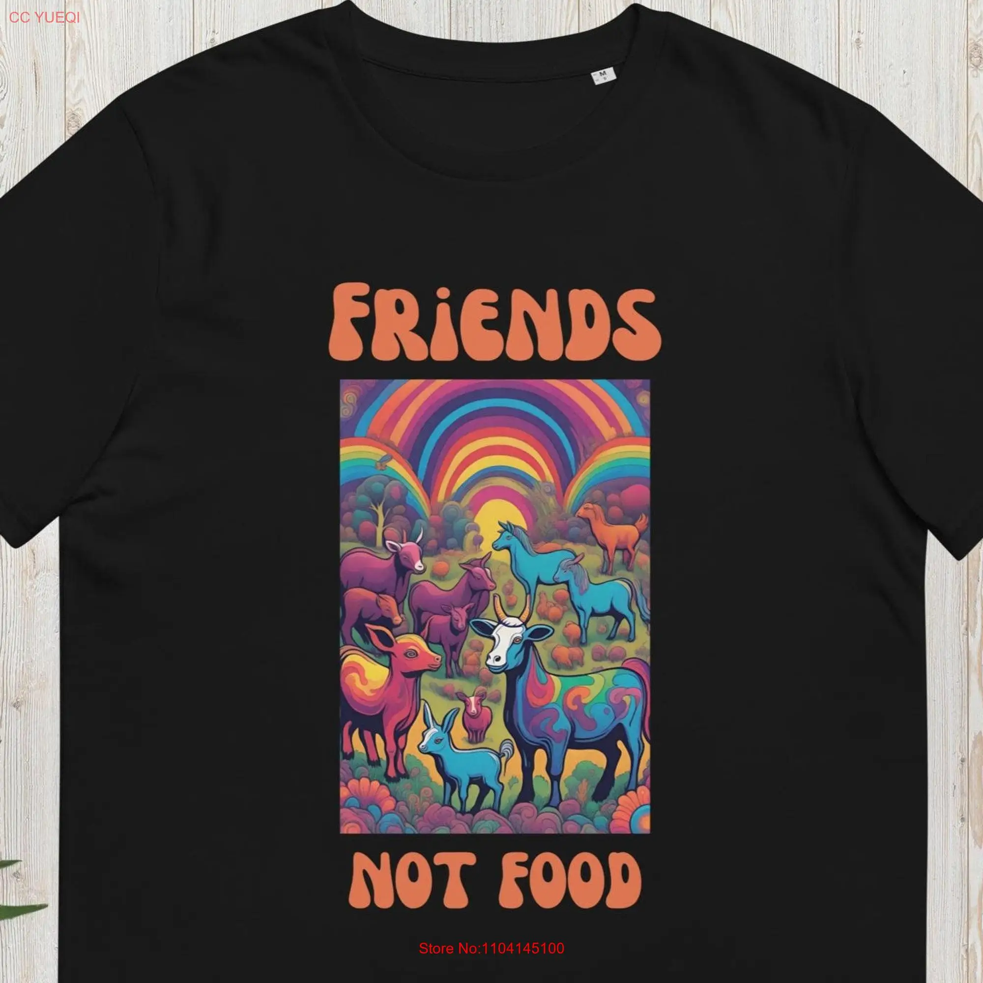 Friends not food vegan t shirt with farm animals in psychedelic style made of eco friendly organic cotton