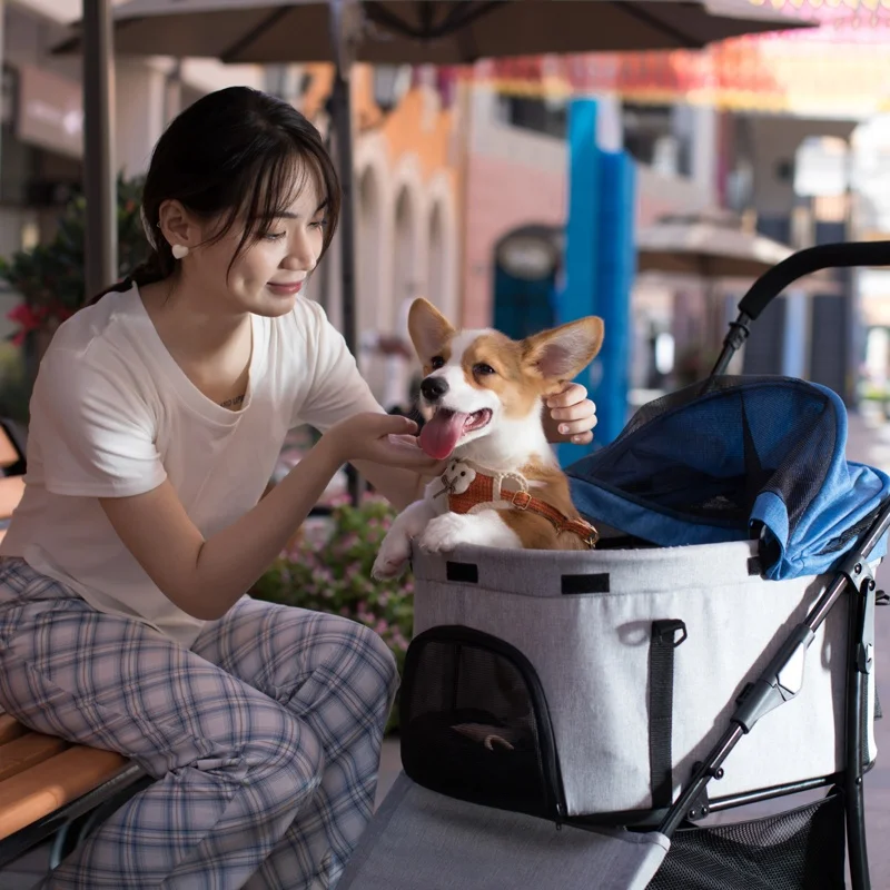 High Quality One Hand Fold Luxury 4 Wheels Pet Designer Luxury 4 Wheels Pet Stroller Small Dog Cat Stroller for Travelling