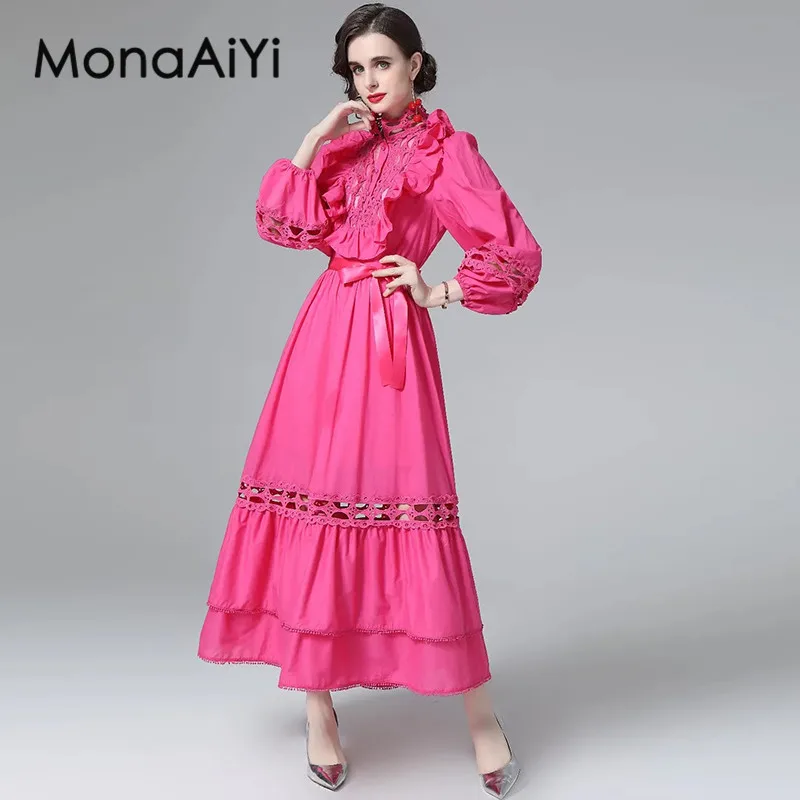 

MonaAiYi Women's Vintage Temperament Dress Autumn Stand Collar Lantern Sleeved Lace-Up Flounced Edge Hollow Out Dresses