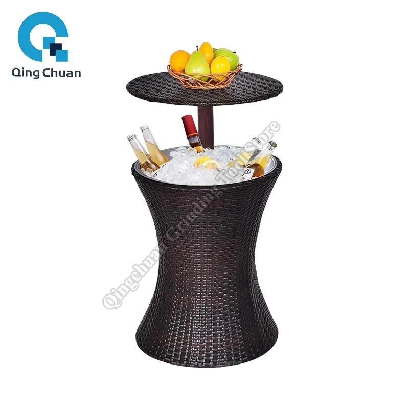 Outdoor Rattan Ice Bucket Table Lifting Height Bar Display Table Patio Garden Serving Table Party Wedding Decoration Ice Table