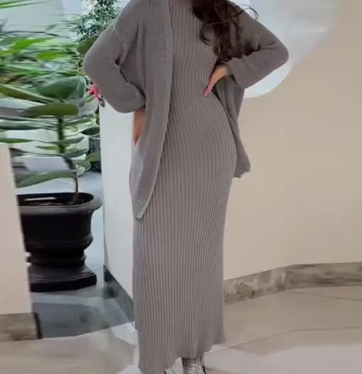 Autumn and Winter Elegant Women's Skirt Set Round Neck Long Sleeved Loose Jacket Tight Fitting Bodycon Dress Knitted Dress Set