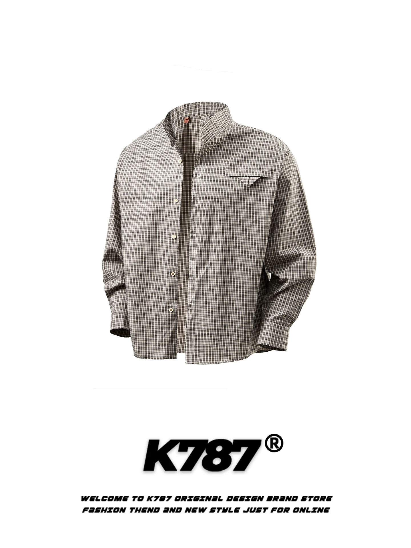 

K787 American Retro Long Sve irt Casual Loose Fit Stand Collar Men's Sle Plaid Print Spring Autumn ex Outerwear