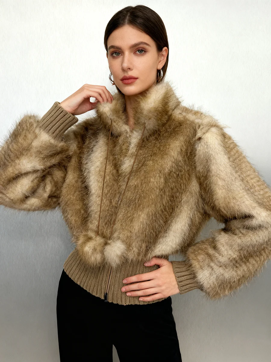 TWOTWINSTYLE Dopasowane, wyszczuplające kurtki damskie z futerkiem, stójką, długimi rękawami, patchworkiem i sznurowaniem, krótkie kurtki damskie