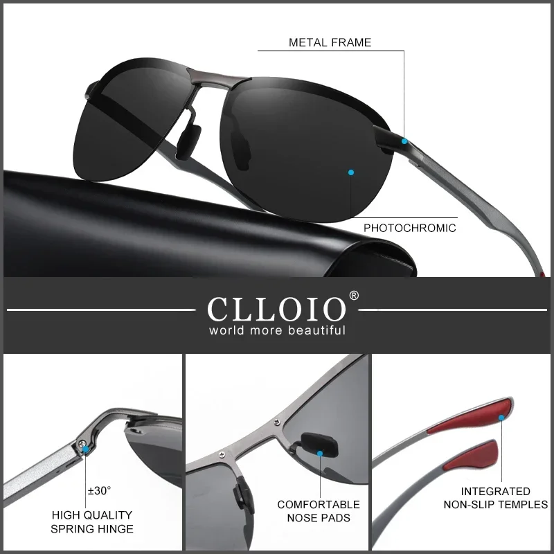 CLLOIO Top Brand Design Aluminum Rimless Photochromic Sunglasses Men Polarized Driving Sun Glasses Anti-Glare Chameleon Eywear